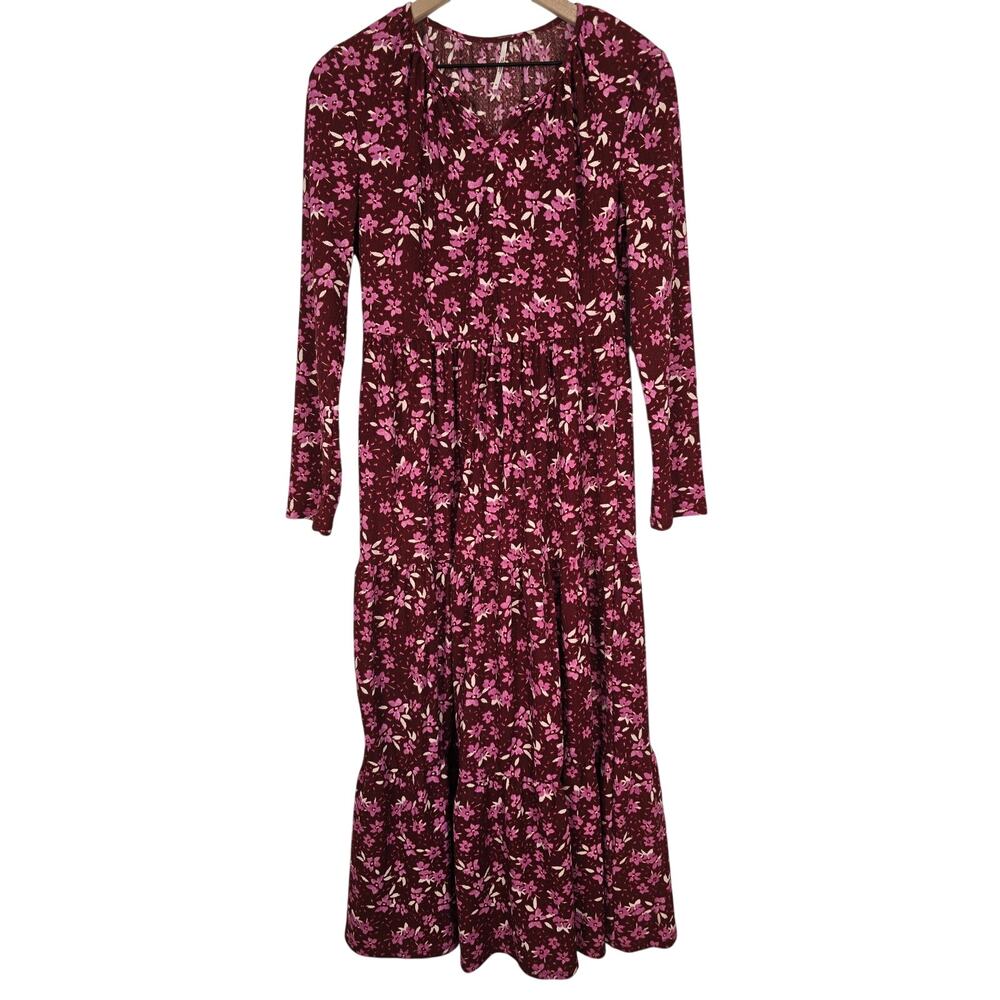 Free People Floral Tiered Midi Dress Red Pink Long Sleeve Size M